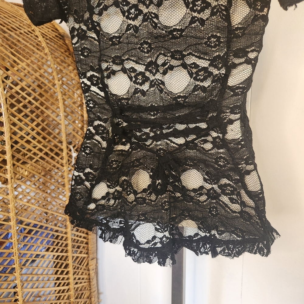 Y2K Whimsigoth Black Sheer Lace Top Blouse Shirt Vintage Size Small Goth Grunge - Picture 10 of 13